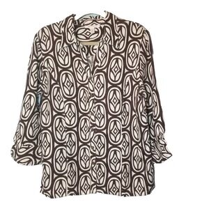 JM Collection Linen Brown Cream Geometric V Neck Button Up Top Size 10